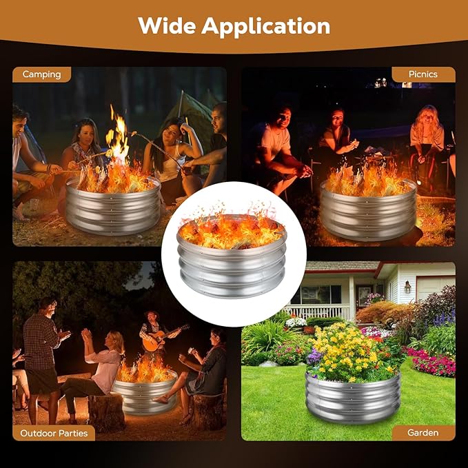 Raynesys 24 Inch Round Galvanized Fire Pit Ring, Silver Round Galvanized Fire Ring, 2 Feet Diameter Fire Pit, Outdoor Pits for Backyard, Camping, Bonfire