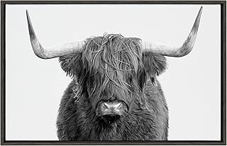 Kate and Laurel Sylvie Highland Cow Framed Canvas Wall Art by Amy Peterson, 23x33 Gray, Rustic Wall Decor for Living Room, Bedroom, Kitchen Or Nursery