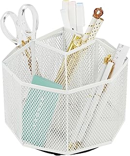 Annova Mesh Desk Organizer Rotate with 5 Compartments Spinning Tidy Candy/Pen Holder Office, Art Supply, Storage, Classroom, Home (White)