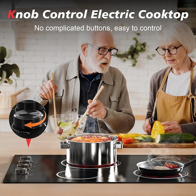 30 Inch Electric Cooktop 4 Burners with Knob Control,6700W Built-in Radiant Electric Cooktop, 9 Power Levels, Hot Warning, 220V Hard Wire(No Plug)