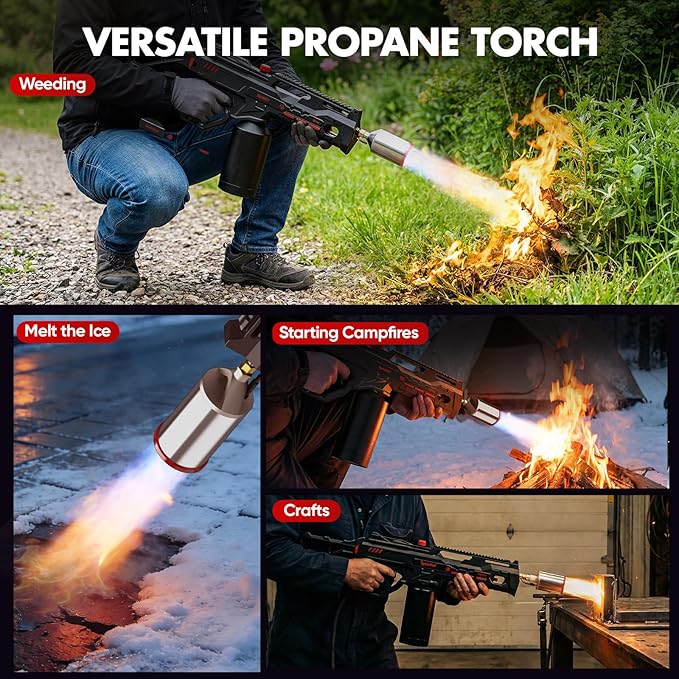 Propane Torch Gun with One-Touch Max Fire, Kitchen Blow Torch for Sous Vide Searing Steak, Grill, Charcoal Starter, Campfire(Propane Tank Not Included) Black and Red