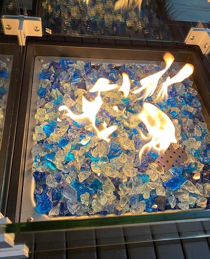 NUPICK Fire Glass - 20 Pound Mixed Bahama Blend for Fire Pit & Gas Fireplace, 1/2-3/4 Inch Tempered Glass Rock in Blue and White