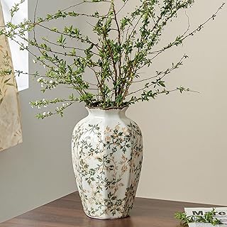 Ceramic Flower Vase | Green Rustic Farmhouse Vase for Home Decor, Vintage Floral Pottery Tuscan Octagonal Vase for Living Room & Kitchen, Mantel & Bookshelf, Centerpieces, Entryway, Wedding(9.1 Inch)