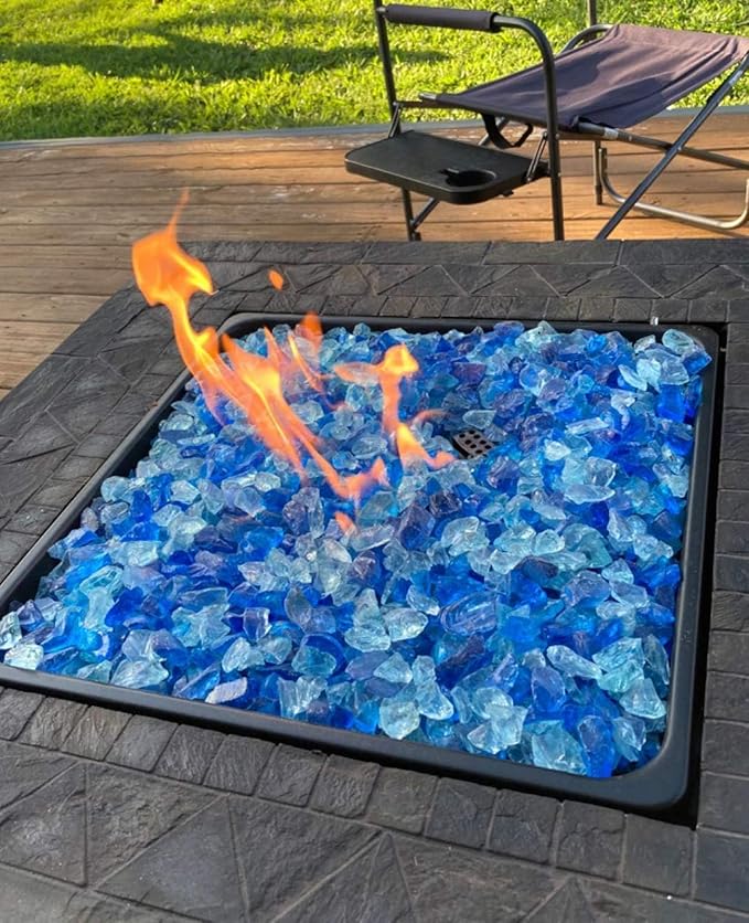 NUPICK Fire Glass - 20 Pound Mixed Bahama Blend for Fire Pit & Gas Fireplace, 1/2-3/4 Inch Tempered Glass Rock in Blue and White
