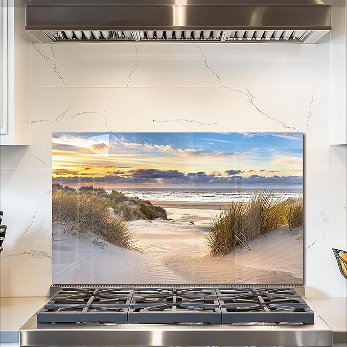 fzxwyishu Tempered Glass Backsplash for Kitchen,Stove Splashback Protector Beach Scenery Design | Heat-Resistant Splash Board, Kitchen Wall Decoration (Art Deco 1, 30"x18"(76.2x45.72cm))