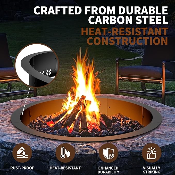 Outdoor Smokeless Fire Pit Ring Insert, Heavy Duty 30 Inch Inner|36 Inch Outer Diameter, Metal Round Fire Ring for Outside Wood Burning, Black