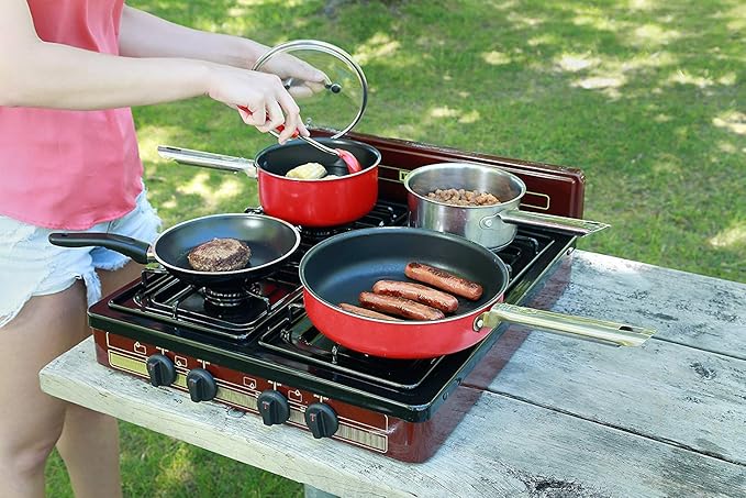 Koblenz Victoria PFK-400A 4 Burner Gas Stove, 16,000 BTU Portable Cooktop, Porcelain Cover, Manual Ignition, LP Gas, Outdoor Gas Stove for Camping, Tailgating, Cookouts, Bronze
