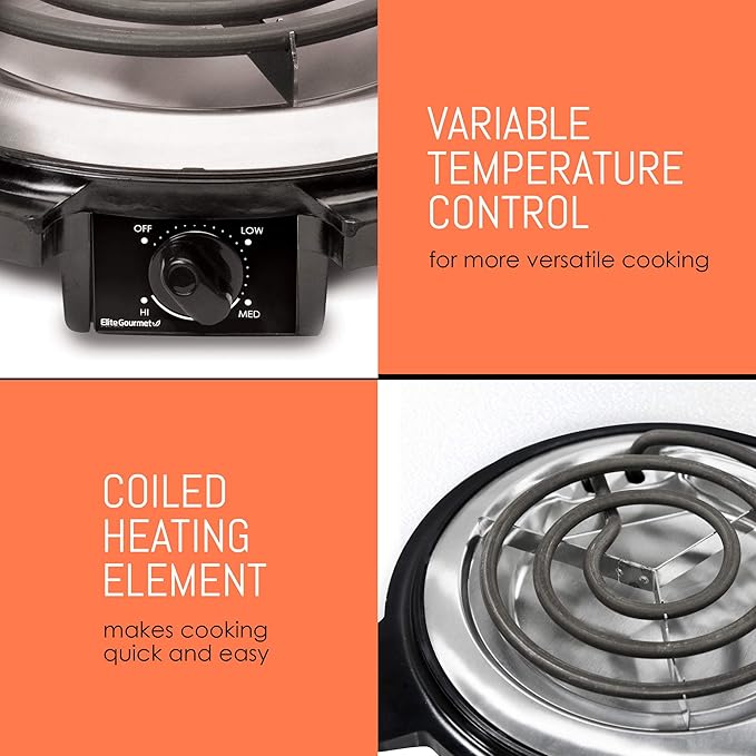 Elite Gourmet ESB-300X Single Countertop Coiled Burner, 1000 Watts Electric Hot Plate, Temperature Controls, Power Indicator Lights, Easy to Clean, Black (Pack of 2)