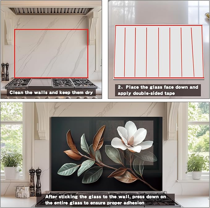 Evgosm Tempered Glass Backsplash for Kitchen， Stove Splashback, Flowers Glass Backsplash, Easy to Install and Clean, Used for Kitchen Wall Protection and Decoration. (30x30'')
