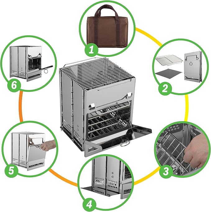 Camping Stove - Stainless-Steel Wood Burning Rocket Stove - Portable Grill for Beach, Picnic, Camp or Backpacking - Bushcraft Gear by Wakeman Outdoors