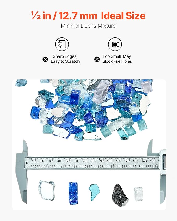 VEVOR Fire Glass, 10 lbs, Cobalt Blue + Aqua Blue + Clear, 1/2 Inch High-Temperature Resistant Reflective Glass Rocks, Smokeless Fire Pit Stones for Outdoor Table & Landscaping