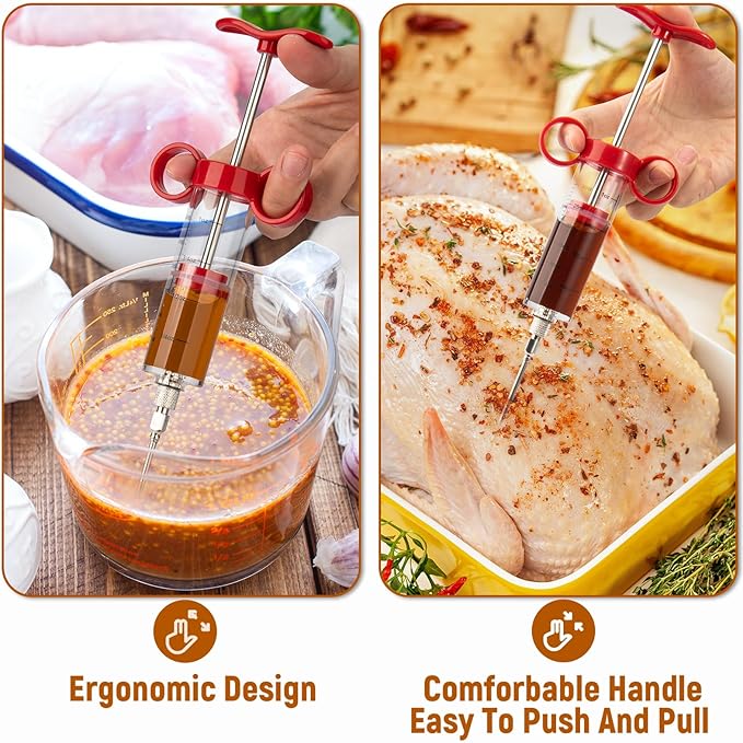 Kingsmile Meat Injector Syringe, 3 Marinade Injector Needles for Meat, Seasoning Injector with1oz Capacity,Turkey Injector for BBQ Grill, Premium Injector Syringe with Black Oil Brush & Cleaning Brush