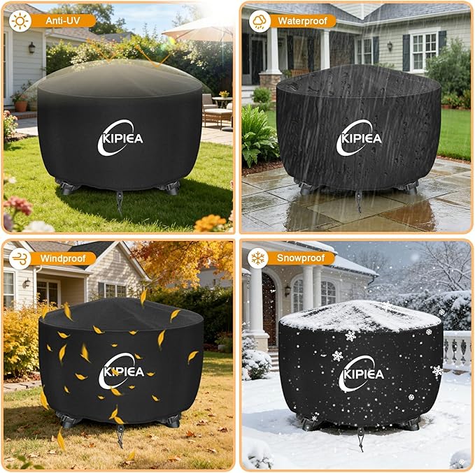 Kipiea Round Fire Pit Cover - 100% Waterproof Upgraded 600D Strong Tear Resistant Firepit Cover, UPF 50+ Outdoor Fire Pit Cover Fading Resistant, 40" Dia X 24" H