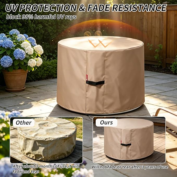 [2026 Upgraded]SheeChung Fire Pit Cover Round 50"D x 24"H,Heavy Duty 600D Waterproof Outdoor Firepit Cover,Fits for 46"-50" Wood Burning Fire Pit/Table,Fade Resistant Firepit Covers with Drawstring