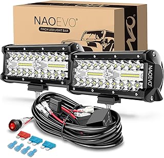 NAOEVO 7 Inch LED Light Bar, 240W 24,000LM Offroad Fog/Driving Lights LED Pods with 2 Leads Wiring Harness Kit, Spot Flood Combo Beam, Work for Truck Boat UTV ATV, 2-Pack (White)