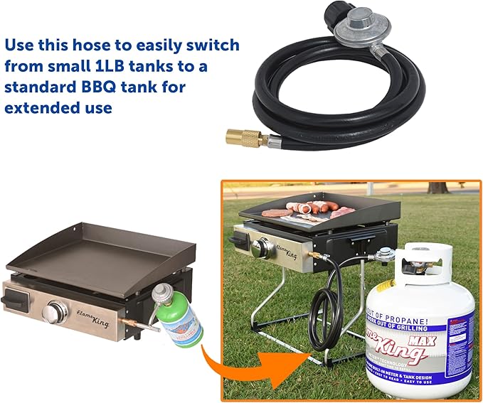 Flame King 6-FT Propane Adapter Hose & Regulator for 20LB Tank for 17"/22" Blackstone Tabletop Grill Griddle, Weather Resistant & Corrosion Resistant