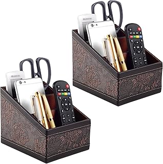 Fashionable PU leather TV remote control Holder with 3 compartments, Desk Caddy Organizer for DVD Cable Plus notepad and pen Chapstick Fingernail clippers Letter opener All in one Retro(2 pieces)