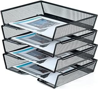 SETTFRFE 4 Tier Metal Mesh Desk Organizer-Stackable Paper Tray for Home, Office,School,Black File Storage System with Reinforced Edges