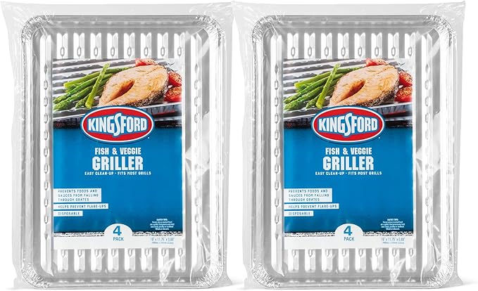 Kingsford Fish & Veggie Grill Liners, Nonstick Aluminum Griller Pans for BBQ, Helps Keep Food from Falling Through Grates, Disposable Heat-Safe Grill Accessories, 16" x 11.75", 4 Count - 2 Pack
