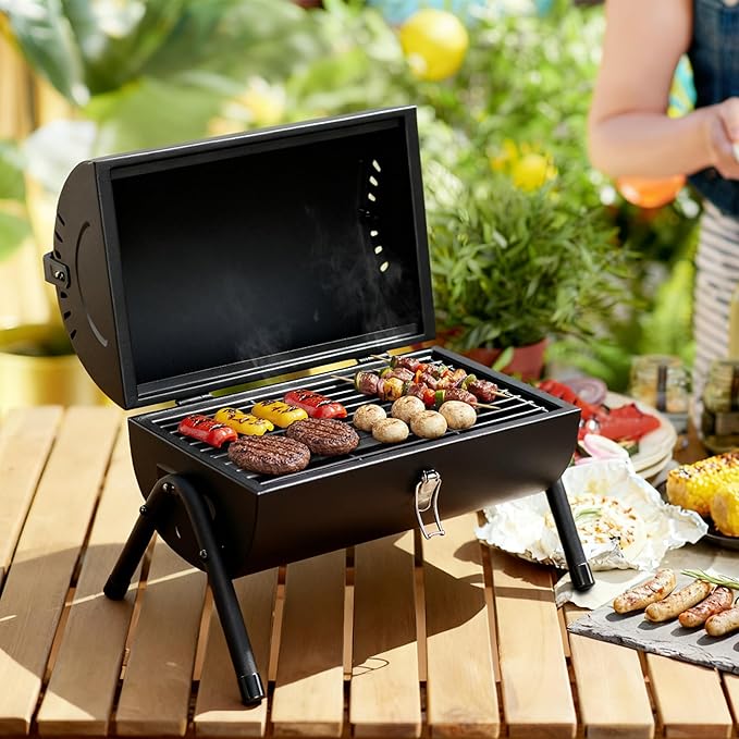 Royal Gourmet CC1015W Portable Charcoal Grill, 147 sq. in. Cooking Grid, Wooden Handle, Tabletop BBQ Grill for Outdoor Barbecue, Camping, Picnic, Backyard, Patio, Black