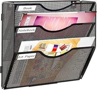 PAG Hanging Wall File Holder, 3 Tier Mail Sorter for Wall, Mesh Office Wall Organizer For Papers/Folders/Files Clipboard & Magazine, Black