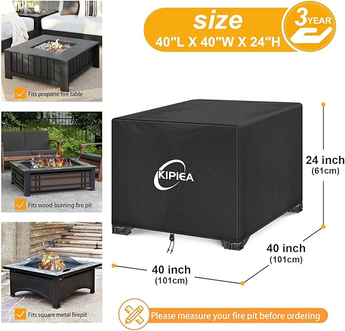 Kipiea Square Fire Pit Cover - Upgraded 600D Strong Tear Resistant, 100% Waterproof Fire Pit Table Cover, UPF 50+ Outdoor Firepit Cover Square Fading Resistant, 40" L x 40" W x 24" H