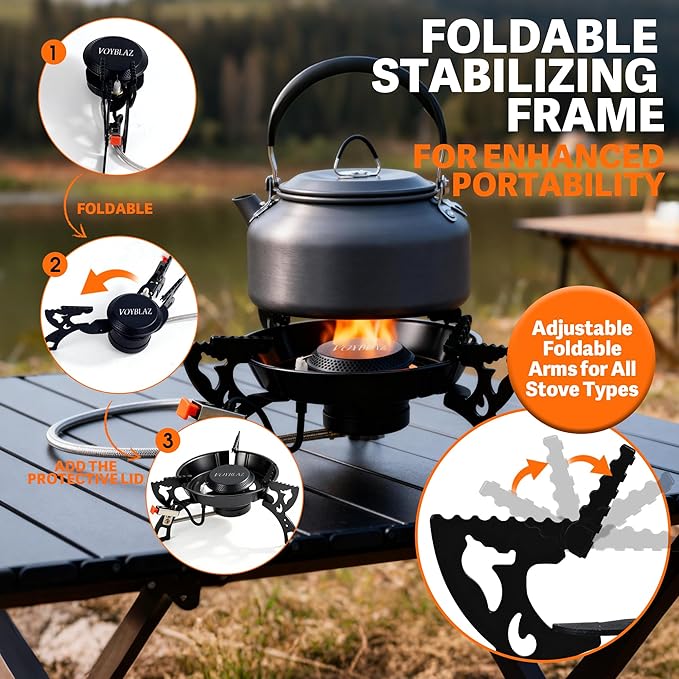 camping stove - made of 4mm carbon steel, featuring piezoelectric ignition and a 39-inch hose ideal for backpacking, hiking, and outdoor cooking