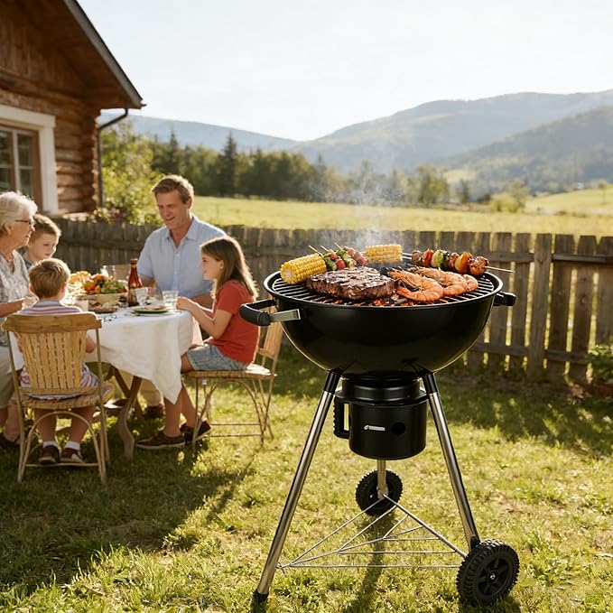 18-Inch Kettle Charcoal Grill with Lid & Wheels,Easy-to-Use BBQ Grill for Backyard, Patio & Beginners Outdoor Charcoal Grills for Family Cooking With Windproof Ash Can