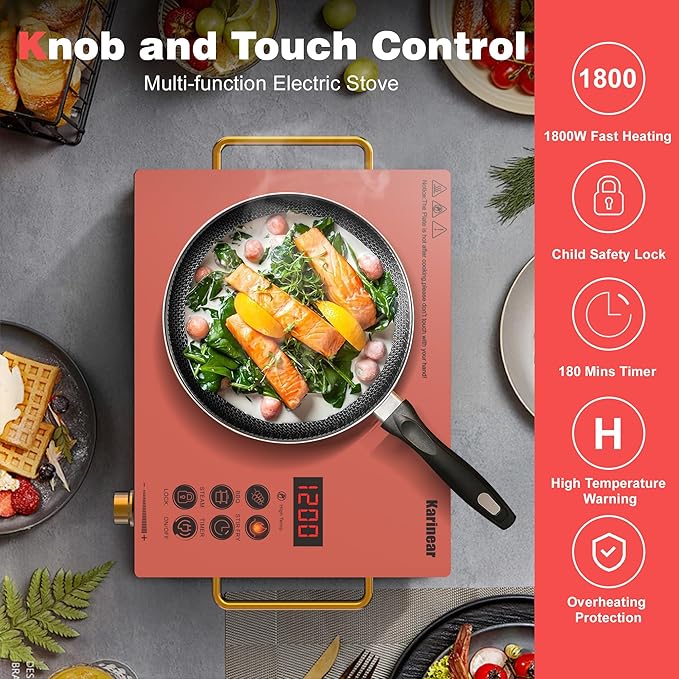 Karinear Portable Electric Stove 110V, 1800W Electric Hot Plate with Handle, Knob Control Single Burner Electri Cooktop, Ceramic Infrared Countertop Burner, Timer, Safety Lock(Pink)