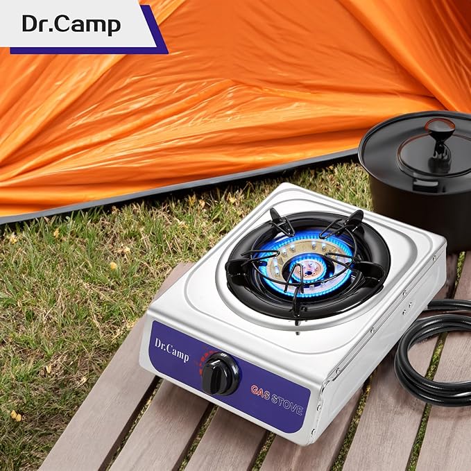 Dr.Camp 12000 BTU Single Auto Ignition Camping Garden Outdoor Camp Garden Hiking Fishing Propane Stove Cooker Griddle, Include CSA listed regulator and gas hose