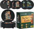 Tiki Bar Coasters Set of 6 with Holder, Tiki Bar Decor Silicone Coasters with Surfboard Warrior, Wave & Palm Tree and Parrot Designs, Hawaiian Decor Black Coasters, Outdoor Tiki Bar Rubber Decorations