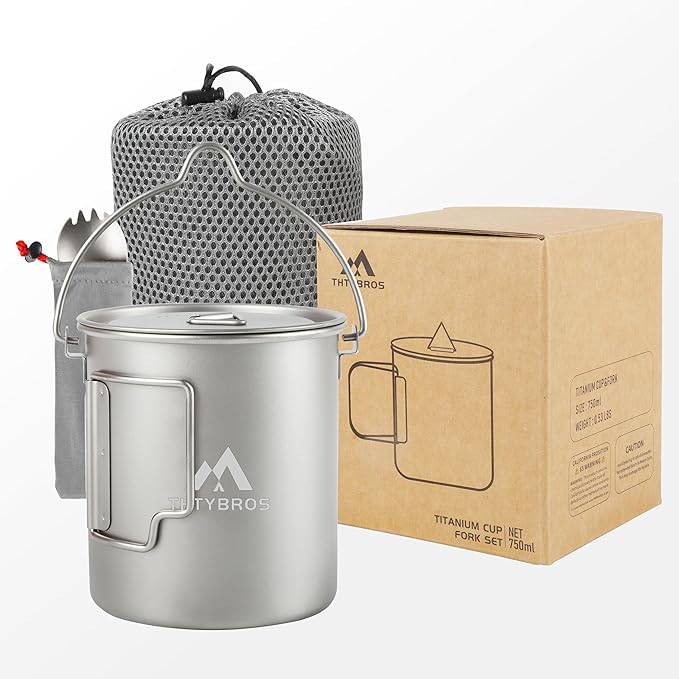 THTYBROS Titanium 750ml Pot with Titanium Spork, Ourdoor Solo Camping Mug, Hanging Cup Spork Kits