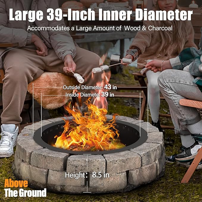 39 Inch Fire Pit Ring for Outside, Large Smokeless Firepit Insert, Wood Burning Fire Pit Rim, DIY Fire Rings for Yard/Garden Bonfires, Outdoor Fireplace, Carbon Steel, Matte Black