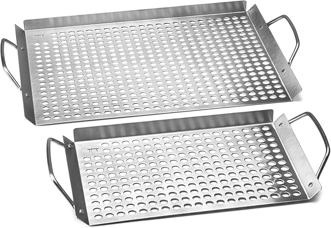 Outset Stainless Steel Grill Topper Grid, Set of 2, 11"x7" and 11"x17" BBQ Basket Trays