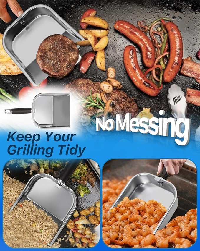 Griddle Scoop for Blackstone with a Any-Edge Hook, Stainless Steel Griddle Portable Food Mover for Stir Fry and Move Food, Classic Grill Shovel, 2 Pack
