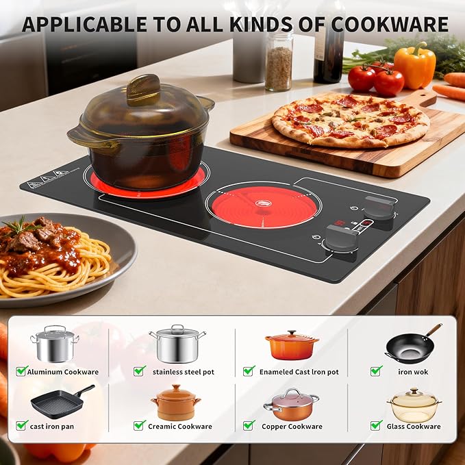 GIHETKUT Electric Cooktop,110V 2100W Stove top,9 Power Levels, Kids Lock & Timer, Hot Surface Indicator, Overheat Protection,knob and touch control 2 burner Electric cooktop