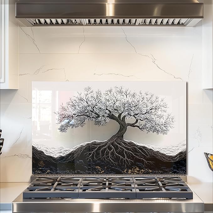 fzxwyishu Tree of Life,Tempered Glass Backsplash For Kitchen Behind Stove,Easy to Clean Kitchen Sink Cover Splash Guard, Home Kitchen Décor (White, 30"x18"(76.2x45.72cm))