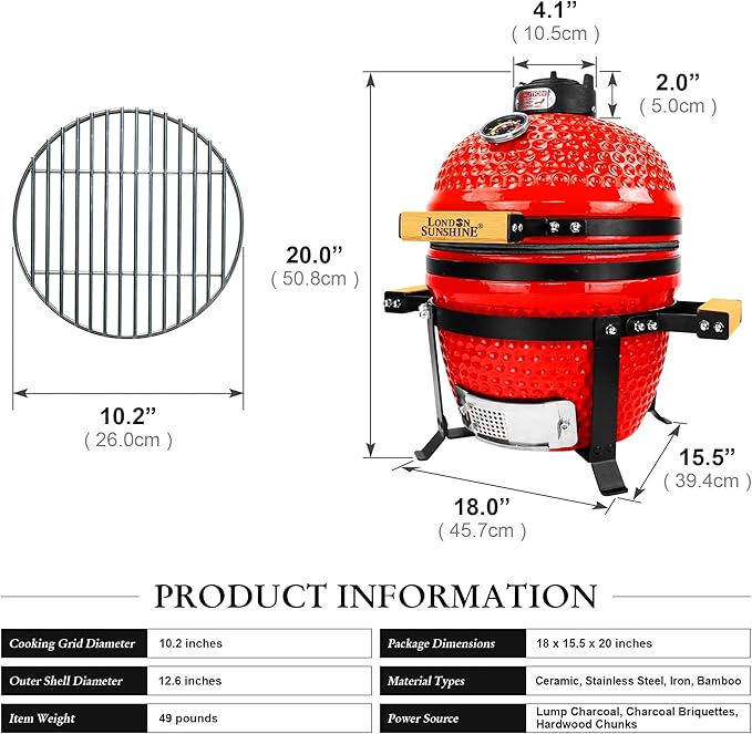 London Sunshine Ceramic BBQ Charcoal Kamado Grill 13 inch Portable Tabletop BBQ Grill Red