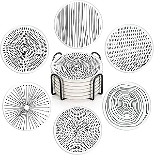Coaster for Drinks Set of 6, Black White Geometry Absorbent Round Ceramic Stone Mat, with Cork Base and Metal Holder, Gift for Housewarming Room Bar Decor
