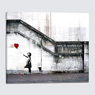 Wieco Art Banksy Grafitti Girl with Red Balloon Large Modern Gallery Wrapped Giclee Canvas Prints Artwork Grey Love Pictures Paintings on Canvas Wall Art for Living Room Bedroom Home Decorations