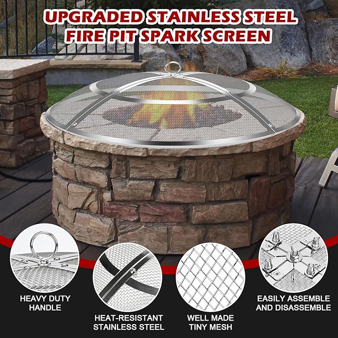 Fire Pit Spark Screen,24 Inch Fire Pit Screen Cover Stainless Steel Outdoor with Handle&Poker,Firepit Screens Cover Round Mesh Lid Heavy-Duty Steel Replacement for Backyard/Beach/RV Camping