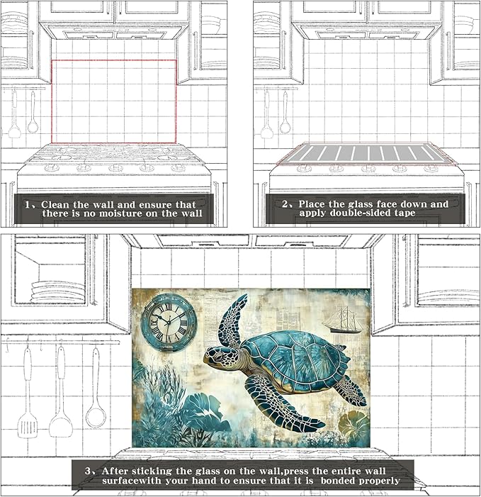fzxwyishu Beach turtle Tempered Glass Kitchen Backsplash, Stove Back Top Cover, Splashback Tile, Kitchen Sink Cover Splash Guard, Home Kitchen Decor (30"x20"(76.2x50.8cm))