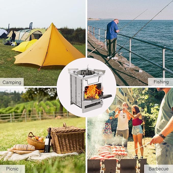 Large Portable Camping Wood Stove for Cooking, 304 Stainless Steel Folding Lightweight Wood Burning Stove with Grid and Pot Stand for Outdoor Camping Hiking Backpacking BBQ Picnic