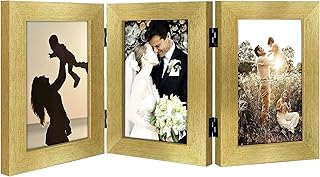 Golden State Art, 4x6 Three Picture Frame Trifold Hinged Photo Frame with 3 Openings, Desk Top Family Picture Collage, with Real Glass (4x6 Triple, Gold, 1-Pack)