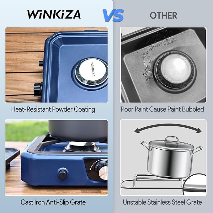 Camping Stove with Cutting Board, 304 Stainless Steel Portable Propane Camp Stove, Adjustable Burner with Piezo Ignition, Portable Gas Stove for Camping, BBQ