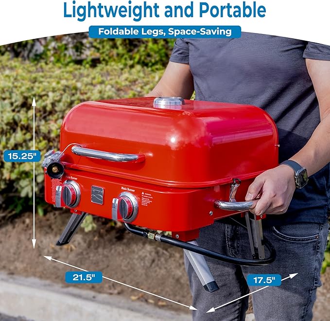 Kenmore Portable Propane Gas Grill - Tabletop BBQ Grill with Warming Rack, 2 Stainless Steel Burners with 14,000 BTUs, for Outdoor Kitchen, Camping, Red