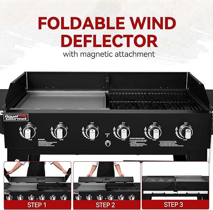 Royal Gourmet GD601B 6-Burner Gas Grill and Griddle Combo, Large Cooking Capacity Propane Grill & Griddle 2-in-1, 78,000 BTU Output for Back Yard, Garden, Family Party, BBQ, Black