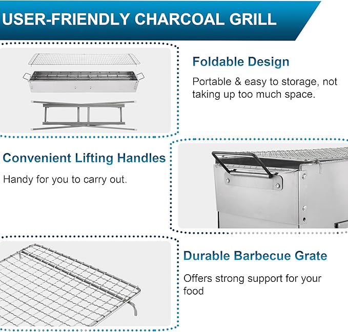 IRONWALLS Portable Charcoal Grills, 32" x 8" Stainless Steel Folded Camping Grill Kebab Skewer Barbecue Grill Kit for Garden Backyard Party Picnic Travel Home Outdoor Cooking Use