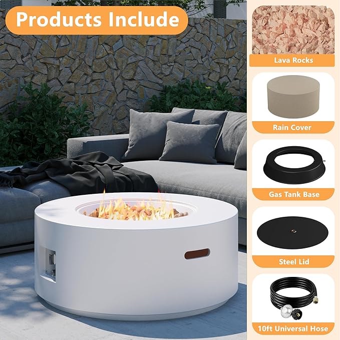 32.5 inch Round Propane Fire Pit, 50000 BTU Gas Fire Pit Table with Steel Lid, Waterproof Cover, 10ft Gas Hose & Gas Tank Base, Lava Rocks, White