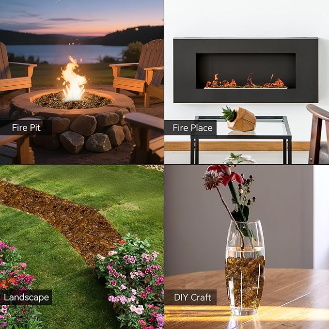 Mr. Fireglass Crushed Fire Glass for Natural or Propane Fire Pit, 10 Pounds Decorative Recycled Fireplace Glass Rocks for Fire Pit Fireplace and Landscaping, High Luster Amber